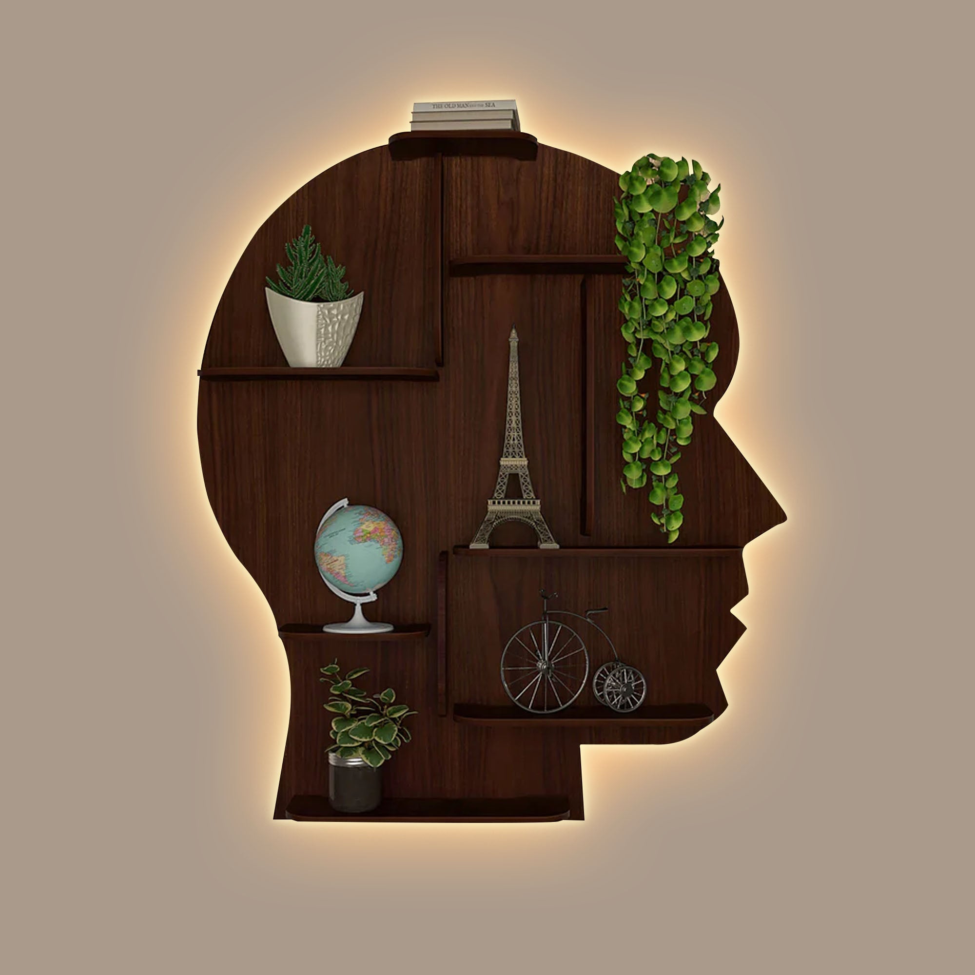 Man Backlit Wooden Wall Shelf – Designer Book Shelf, Walnut - Decorsmart