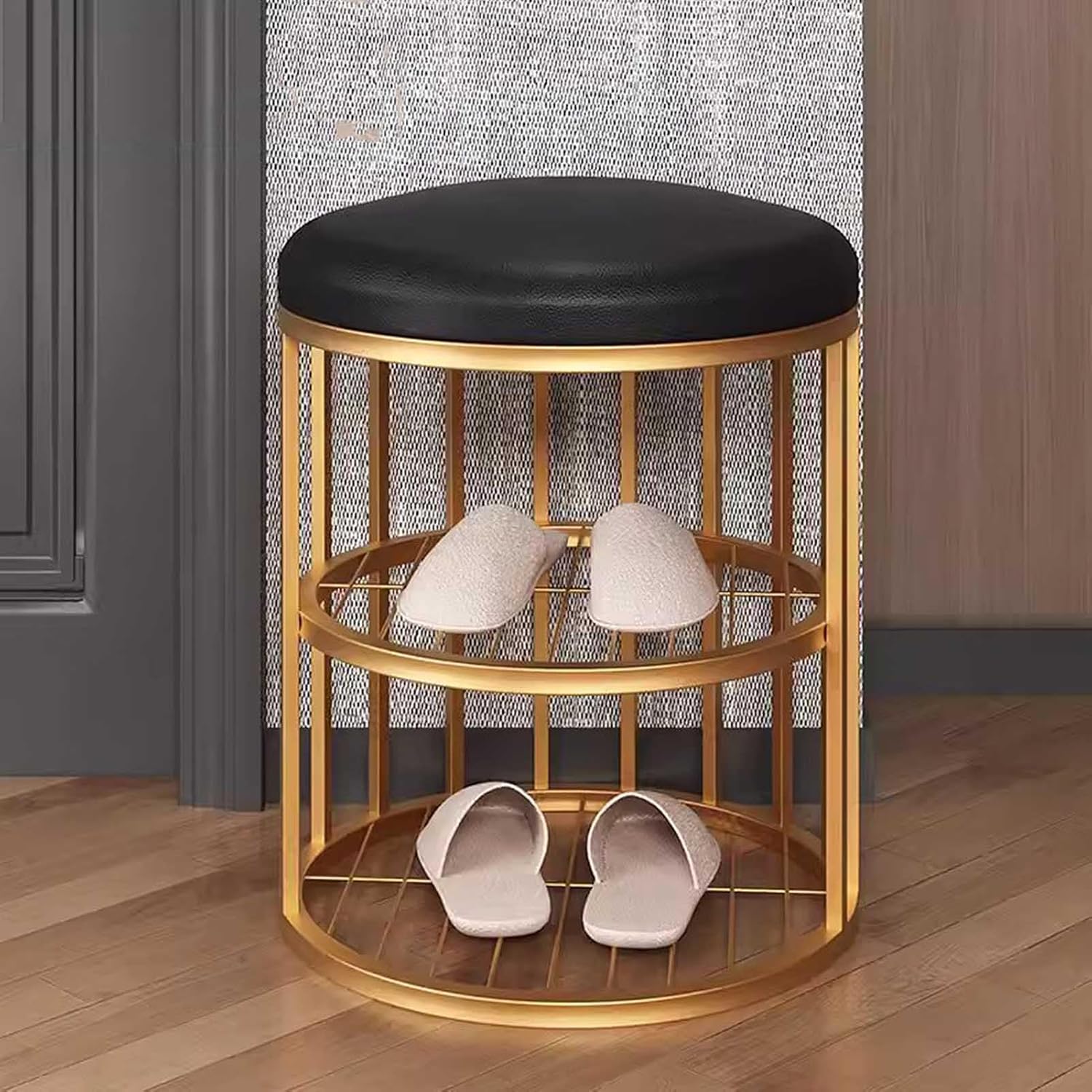 Metal Frame Shoe Bench Rack with Black Padded Seat