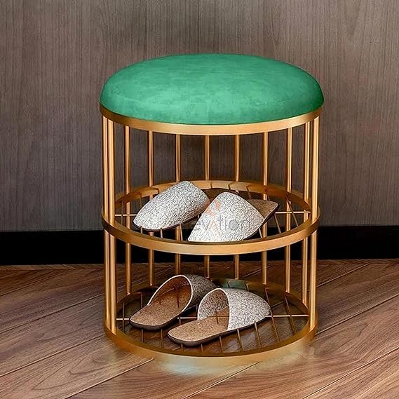 Metal Frame Shoe Bench Rack with Green Padded Seat