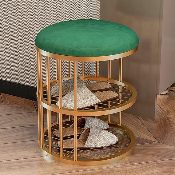 Metal Frame Shoe Bench Rack with Green Padded Seat