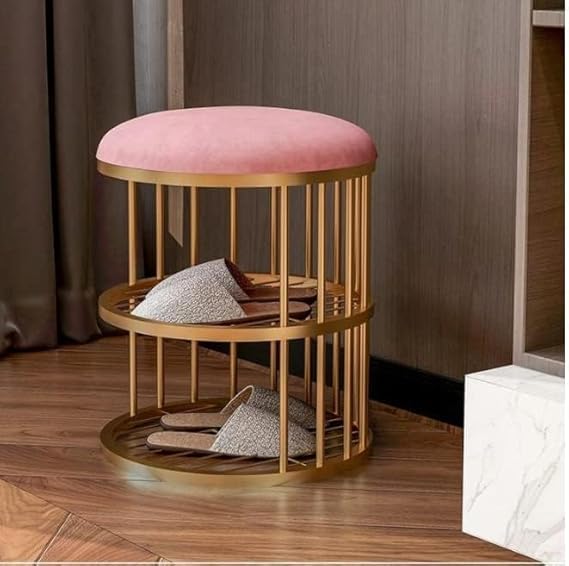 Metal Frame Shoe Bench Rack with Pink Padded Seat