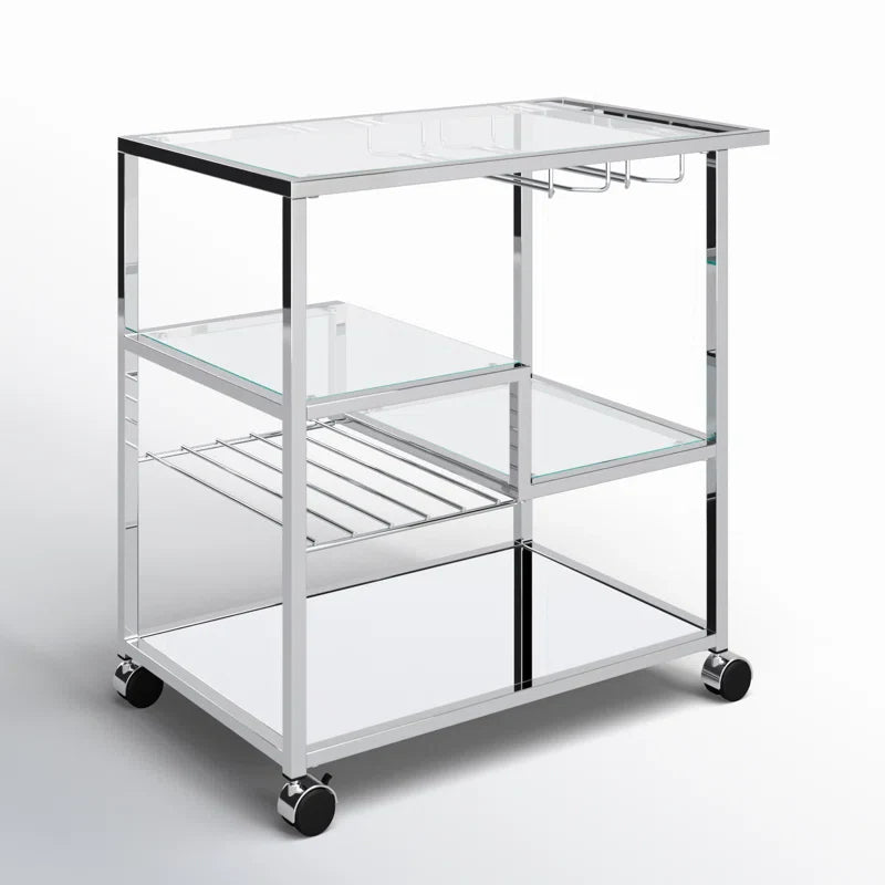 Metallic Minimalist Frame Design Bar Cart Trolley with Glass Shelves