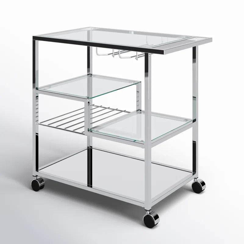 Metallic Minimalist Frame Design Bar Cart Trolley with Glass Shelves