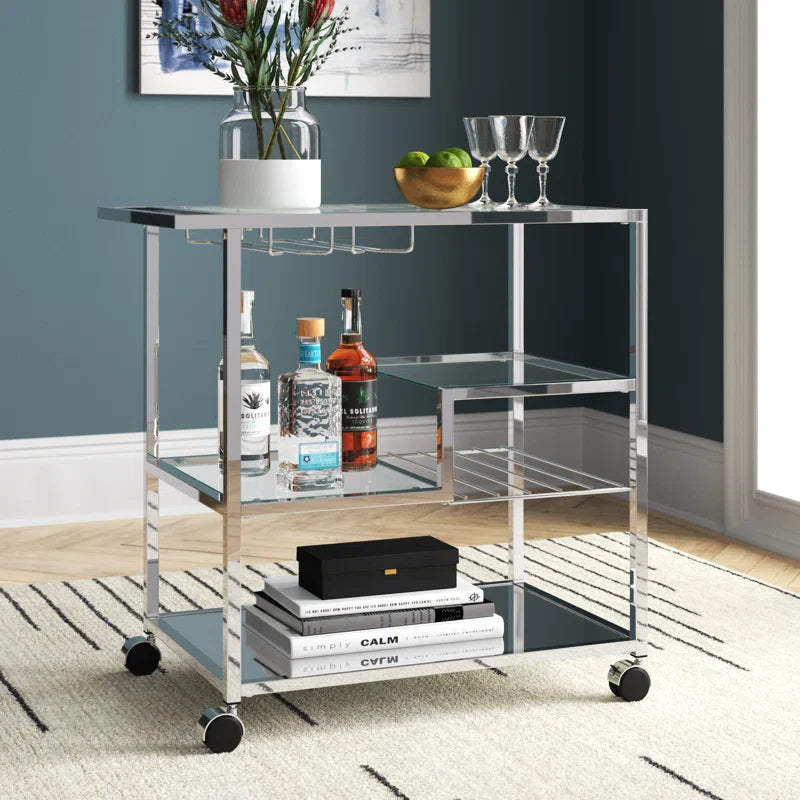 Metallic Minimalist Frame Design Bar Cart Trolley with Glass Shelves