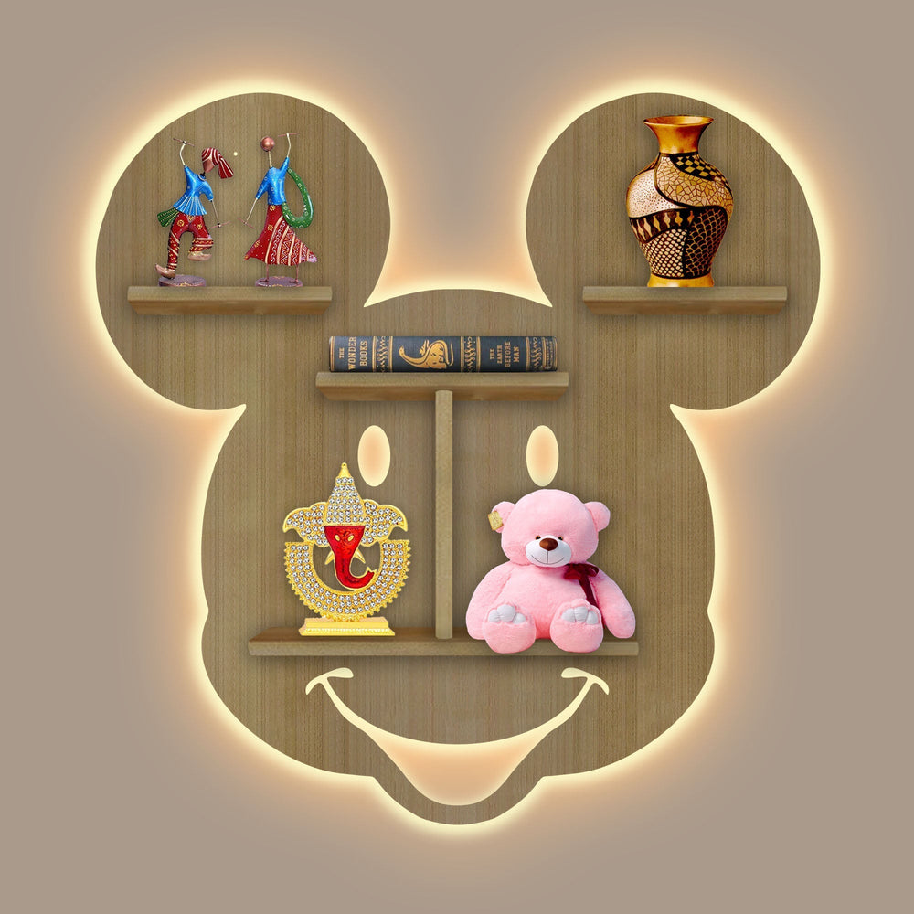 Mickey Mouse Wooden LED Wall Shelf for Kids | Oak Finish Décor - Decorsmart