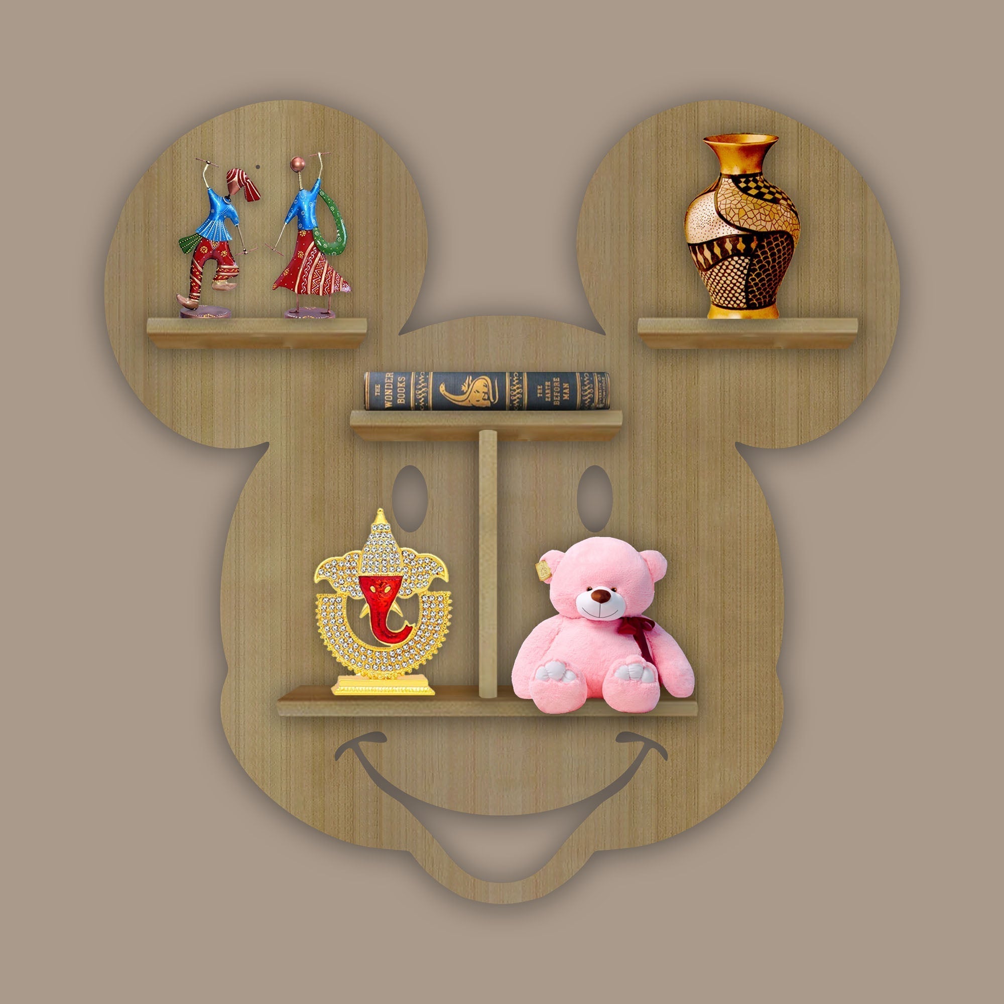 Mickey Mouse Wooden LED Wall Shelf for Kids | Oak Finish Décor - Decorsmart