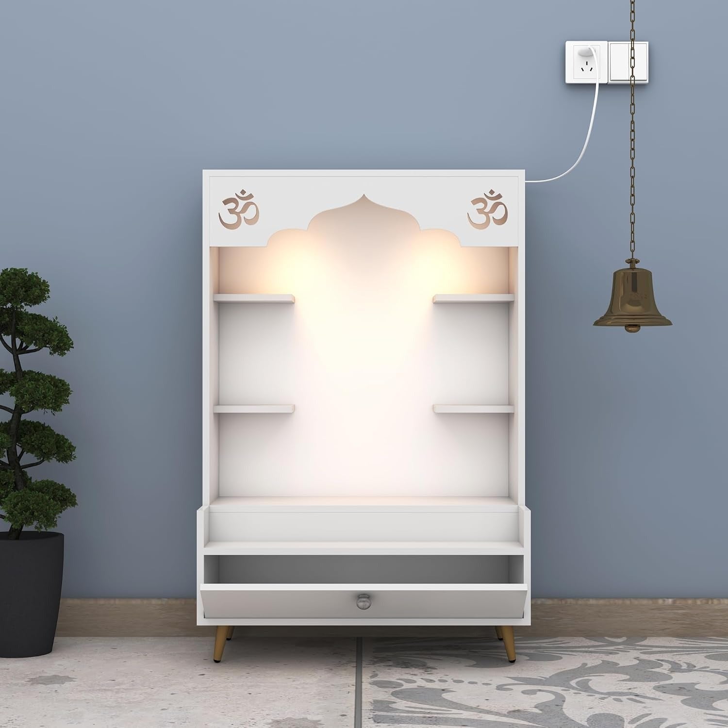 Minimalist White Wooden Floor Pooja Mandir with Open Shelves Om Engraving & Drawer