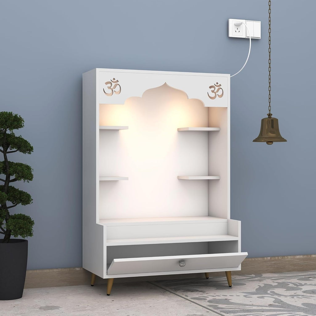 Minimalist White Wooden Floor Pooja Mandir with Open Shelves Om Engraving & Drawer