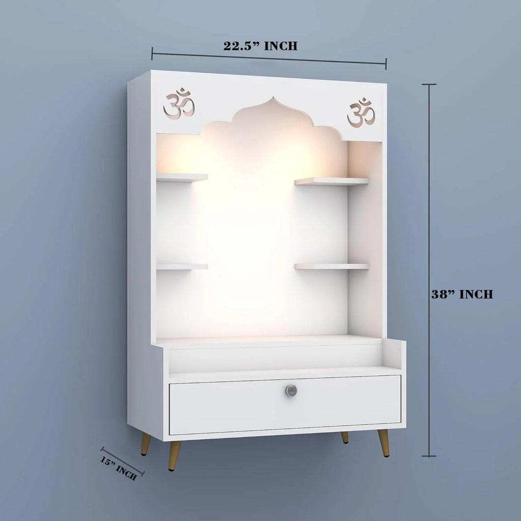 Minimalist White Wooden Floor Pooja Mandir with Open Shelves Om Engraving & Drawer