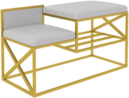 Modern Bench Gray Velvet with Shoe Organizer Rack