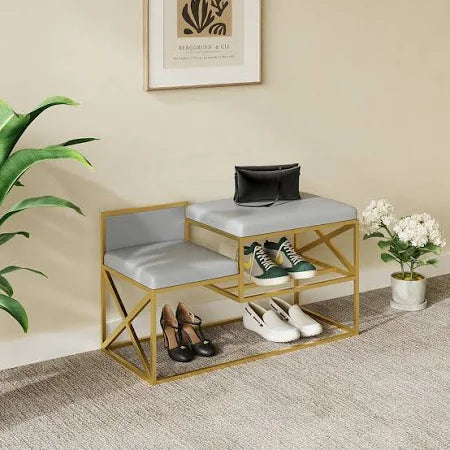 Modern Bench Gray Velvet with Shoe Organizer Rack