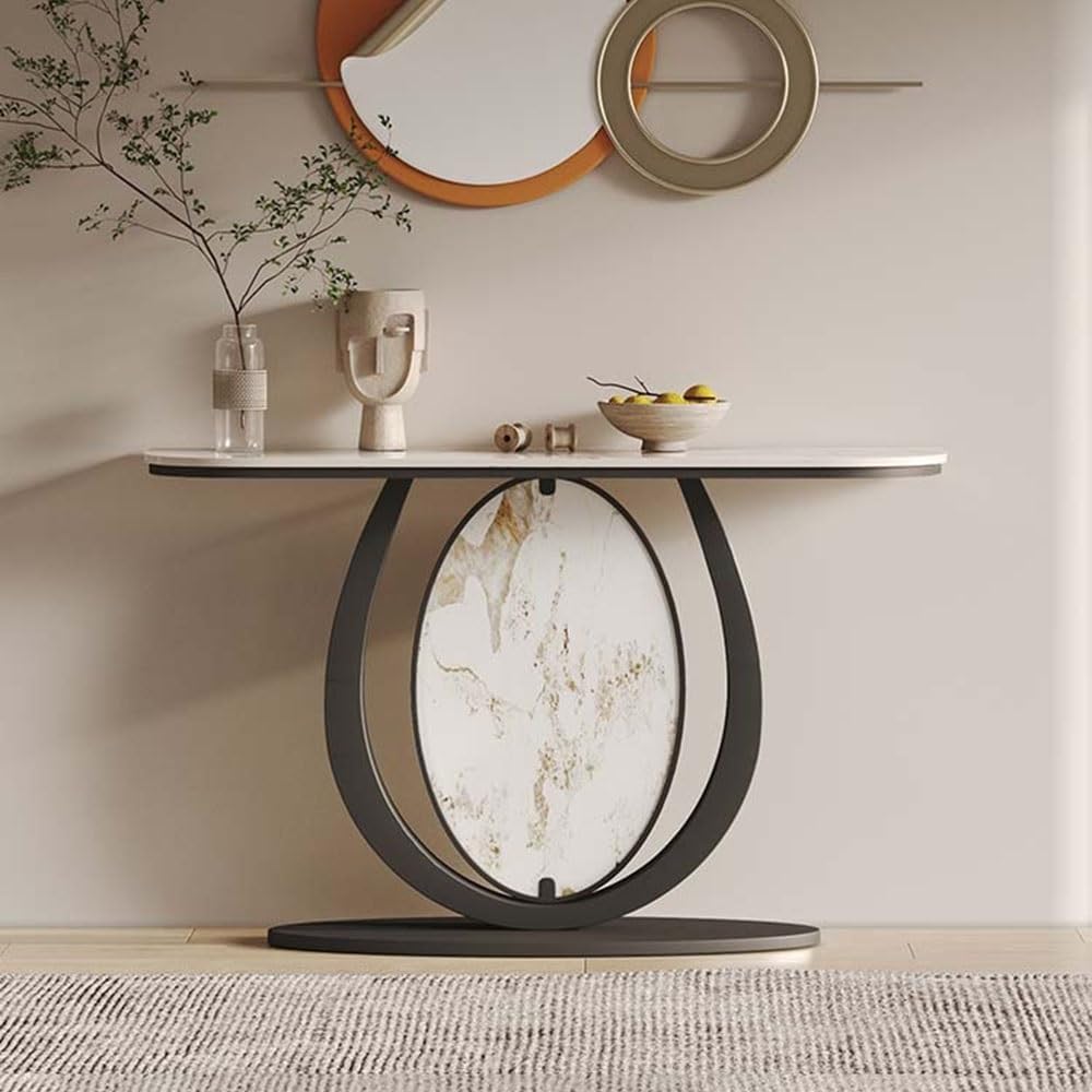 Modern Black Console Table Featuring Oval Marble Inlay and Curved Design