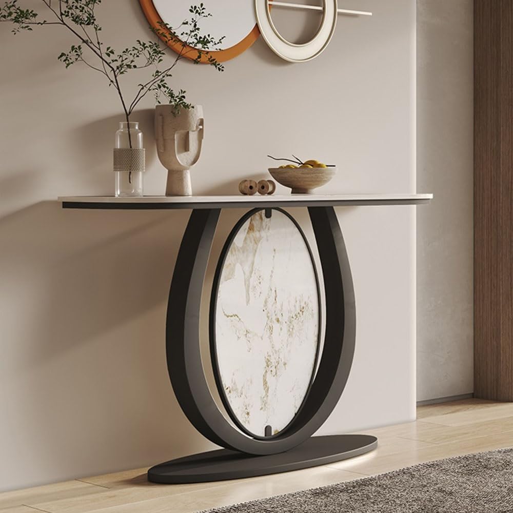 Modern Black Console Table Featuring Oval Marble Inlay and Curved Design