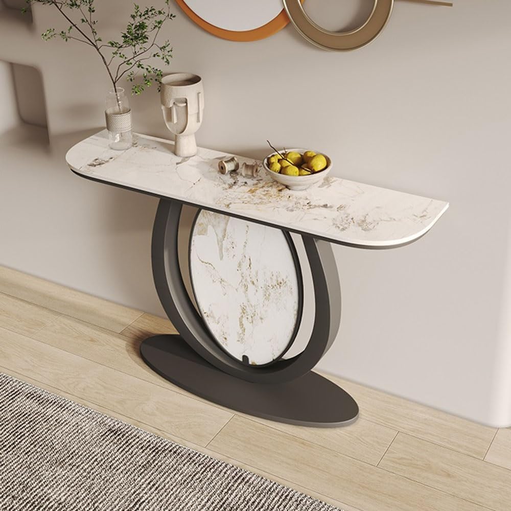 Modern Black Console Table Featuring Oval Marble Inlay and Curved Design