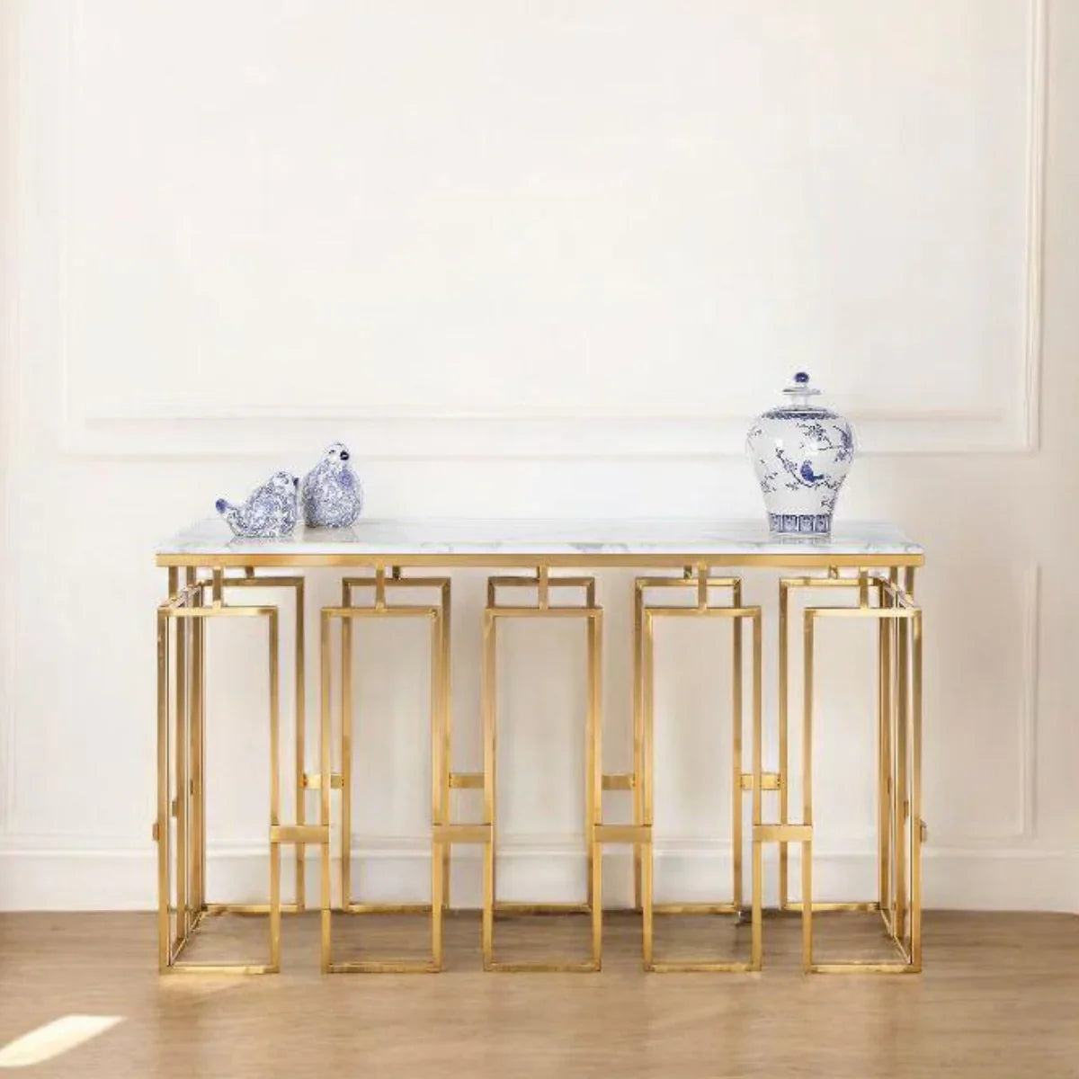 Modern Geometric Console Table with Abstract Golden Metal Finish