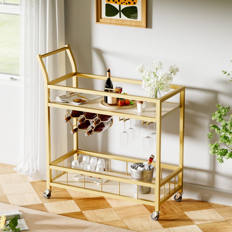 Modern Gold Bar Cart with Built-In Wine Storage Trolley