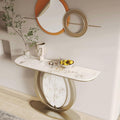 Modern Gold Console Table Featuring Oval Marble Inlay and Curved Design