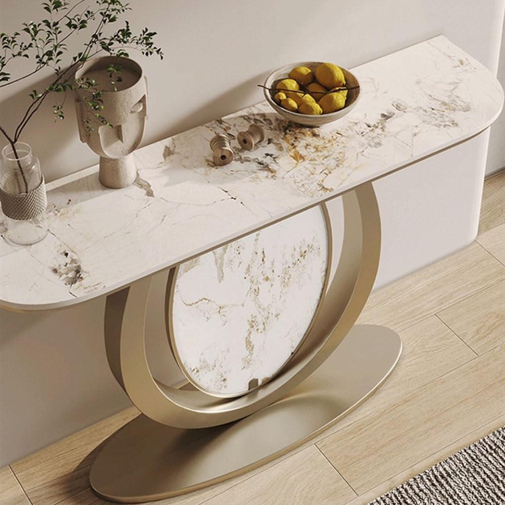Modern Gold Console Table Featuring Oval Marble Inlay and Curved Design