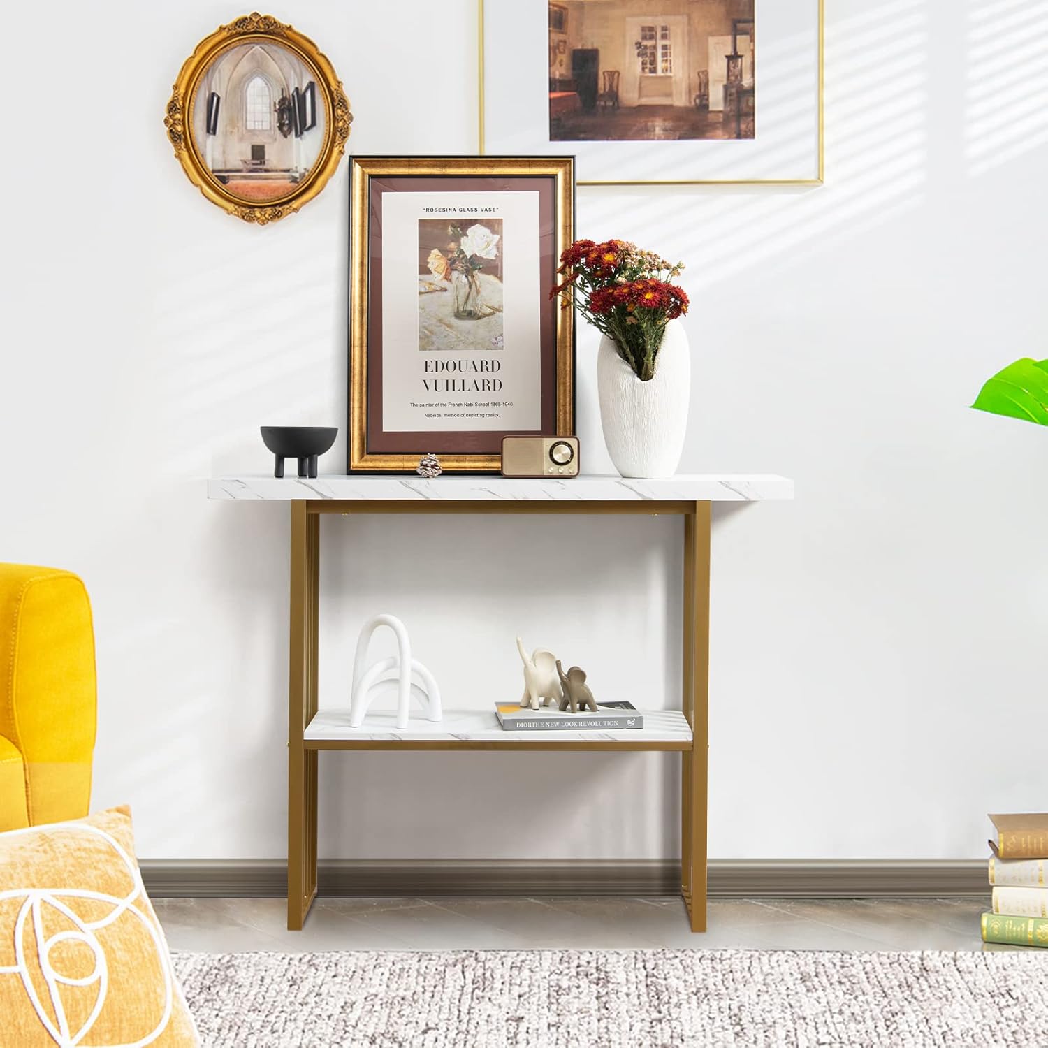 Modern Gold Frame Console Table with Marble Top and Lower Shelf