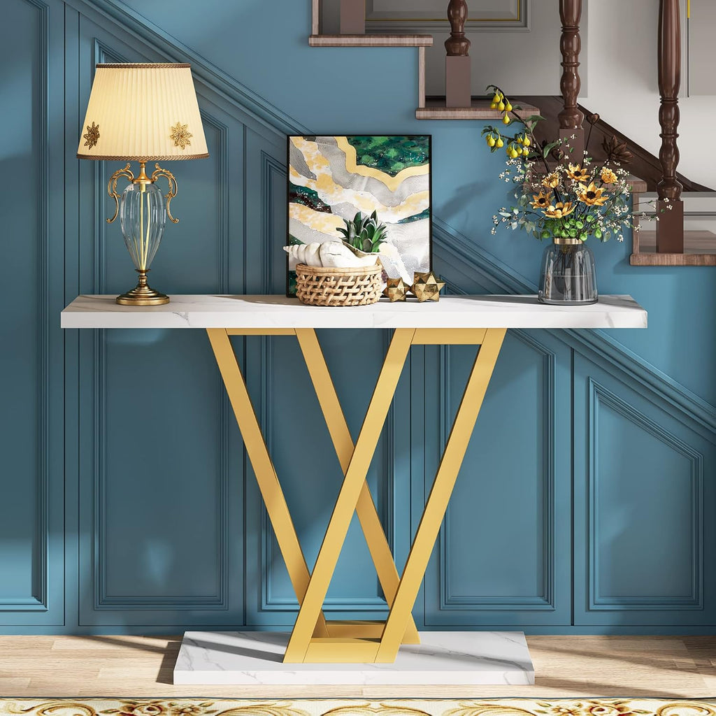 Modern Gold V-Shaped Base Console Table with White Marble Top