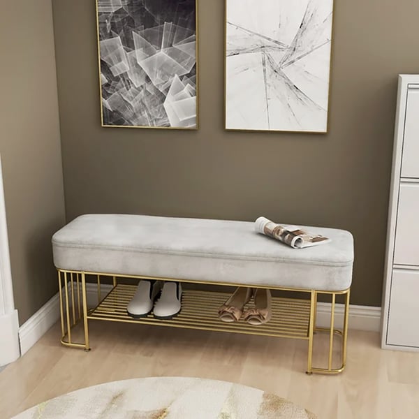Modern Gray Velvet Entryway Bench with Shoe Rank