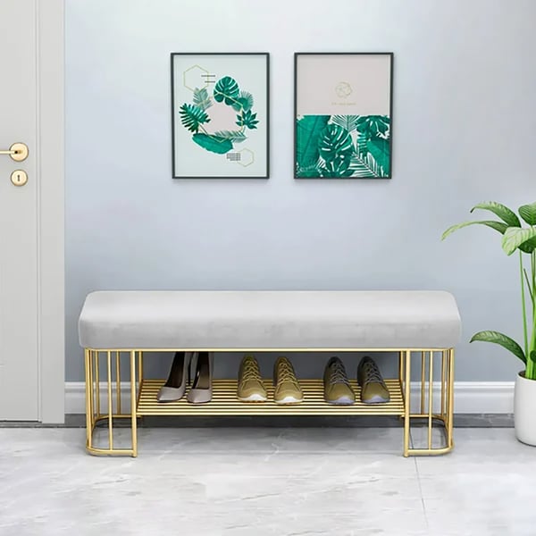 Modern Gray Velvet Entryway Bench with Shoe Rank