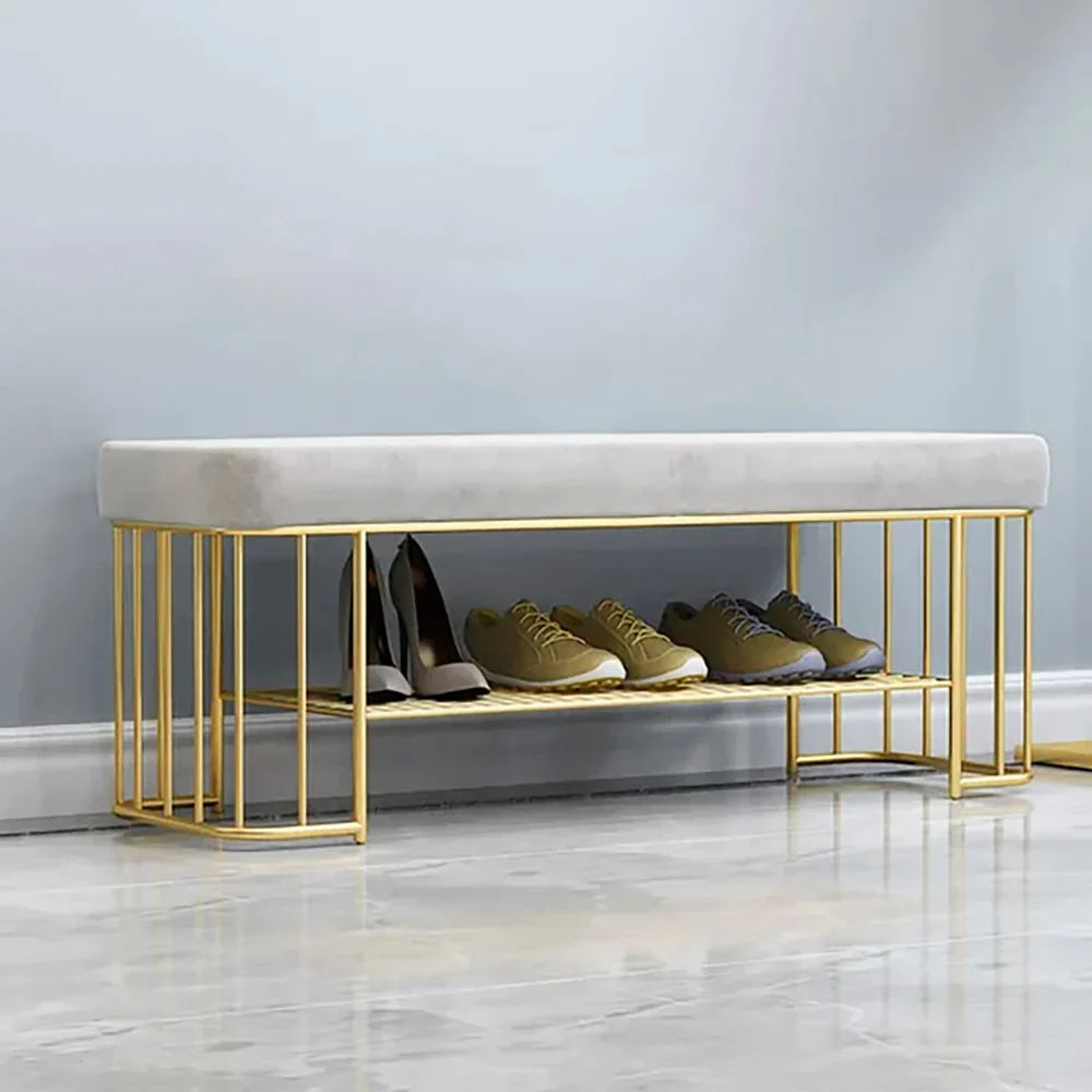 Modern Gray Velvet Upholstered Bench with Shoe Rack Storage