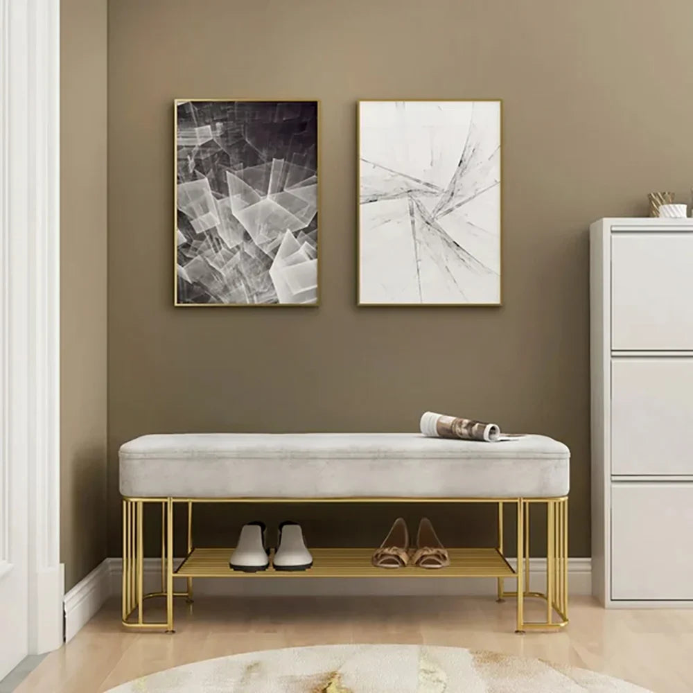 Modern Gray Velvet Upholstered Bench with Shoe Rack Storage