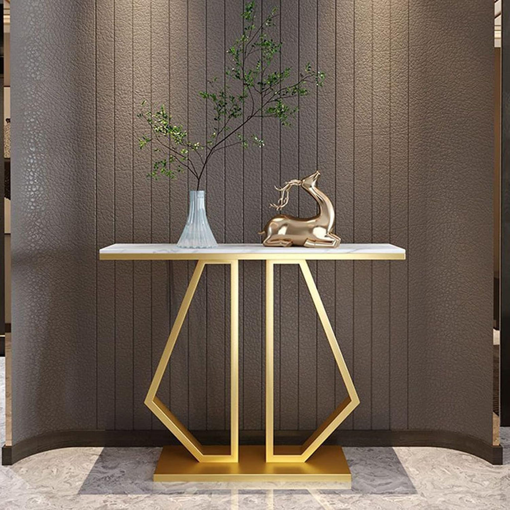 Modern Marble Console Featuring Bold Angular Gold Base with Artistic Flair