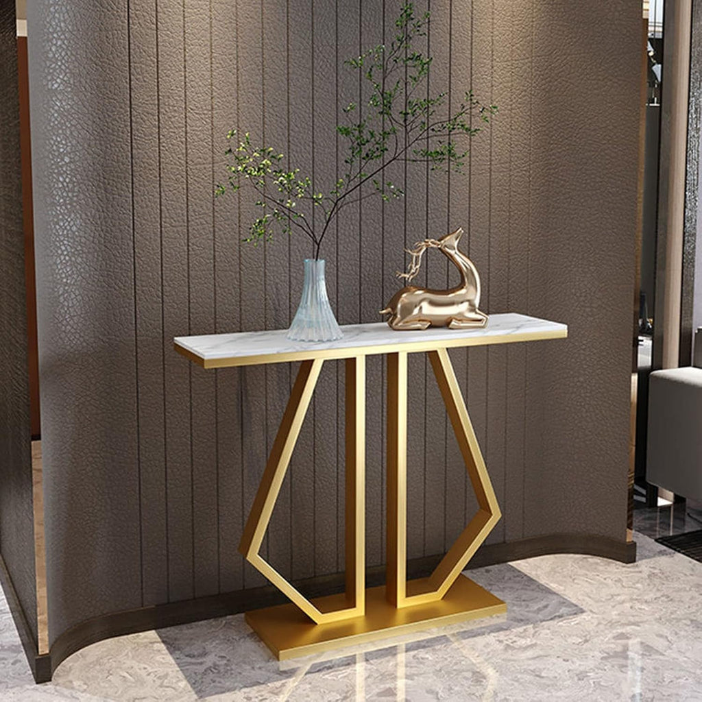 Modern Marble Console Featuring Bold Angular Gold Base with Artistic Flair