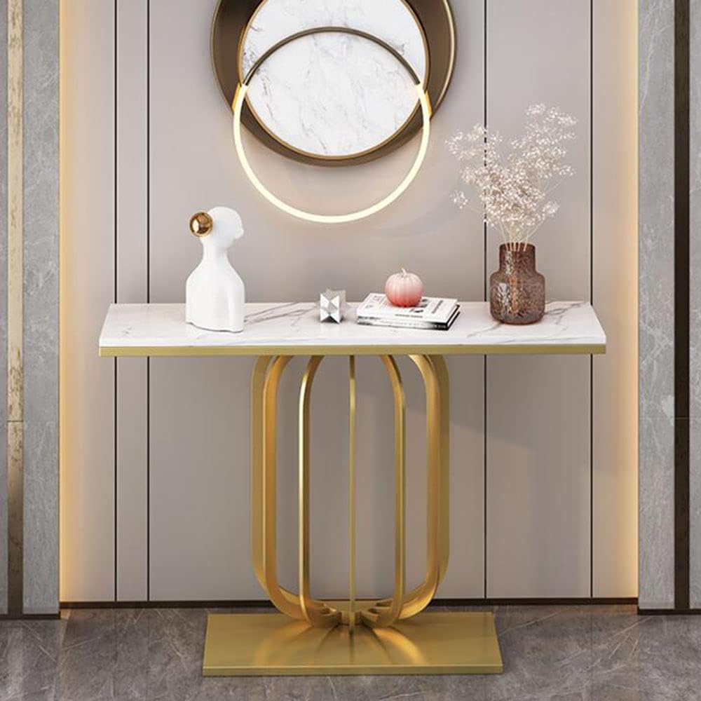 Modern Marble Console Table with Artistic Gold Vertical Loop Base