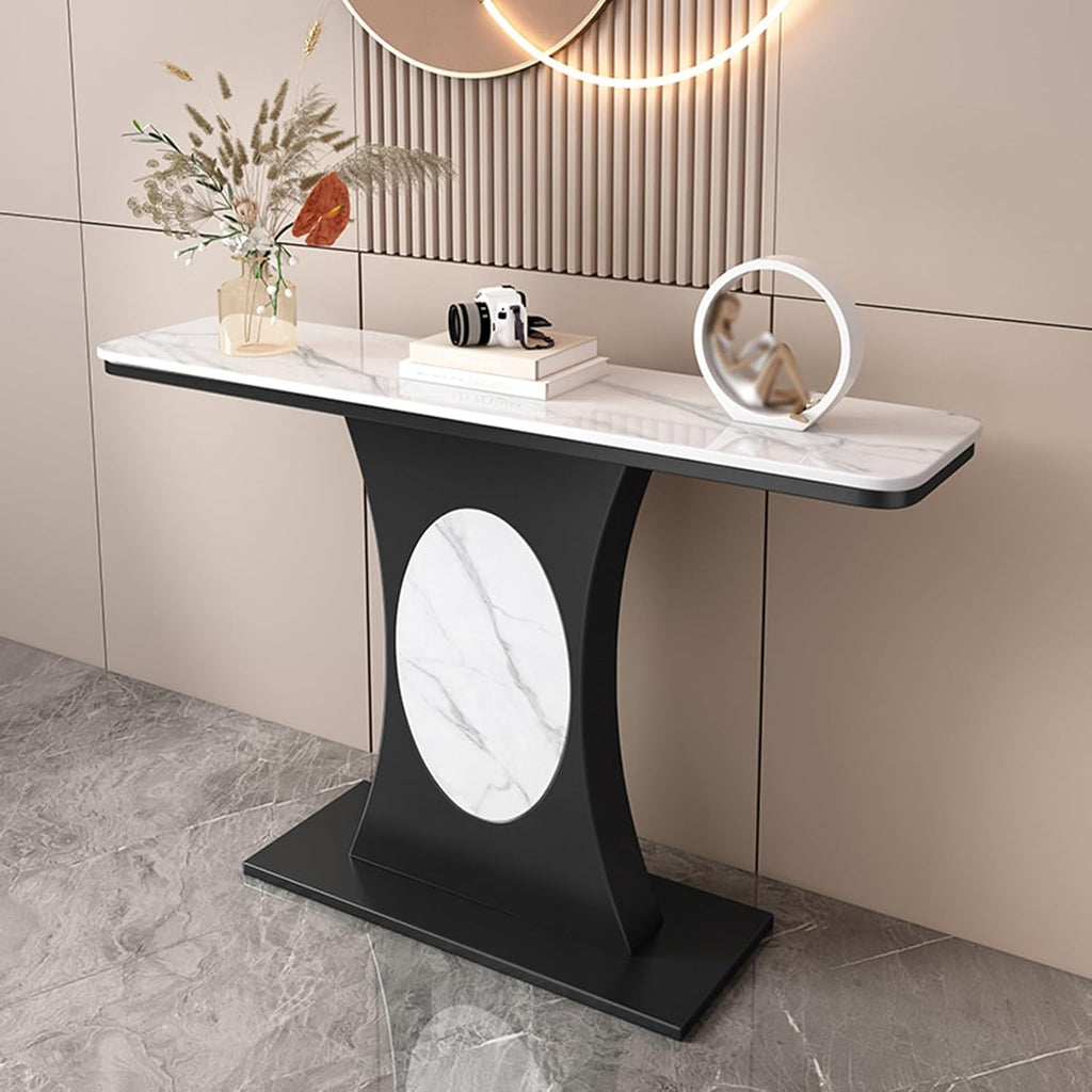 Modern Marble Console Table with Black Base and Circular Marble Accent
