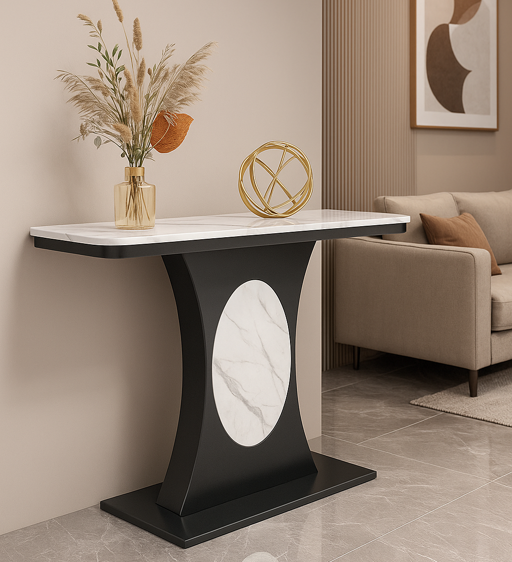 Modern Marble Console Table with Black Base and Circular Marble Accent