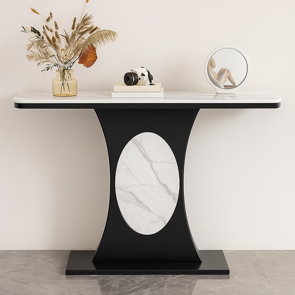 Modern Marble Console Table with Black Base and Circular Marble Accent