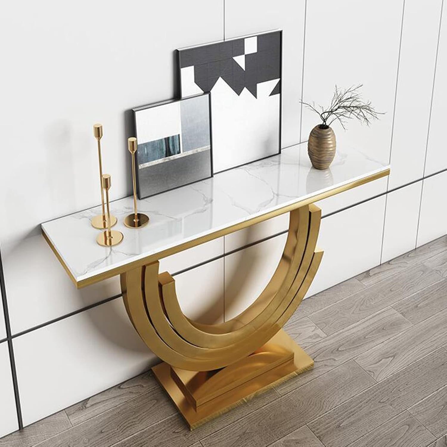 Modern Marble Console Table with Triple Arc Gold Base