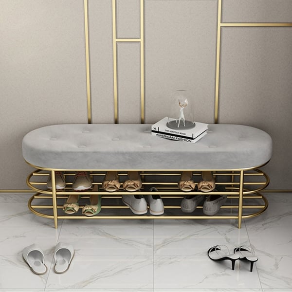 Modern Upholstered Gray Velvet Bench with Shoe Storage