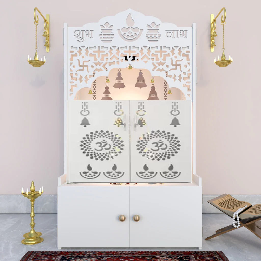 Modern White Wooden Floor Pooja Mandir with Doors Laser-Cut Om & Diya Design with Storage Cabinet