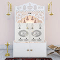 Modern White Wooden Floor Pooja Mandir with Doors Laser-Cut Om & Diya Design with Storage Cabinet