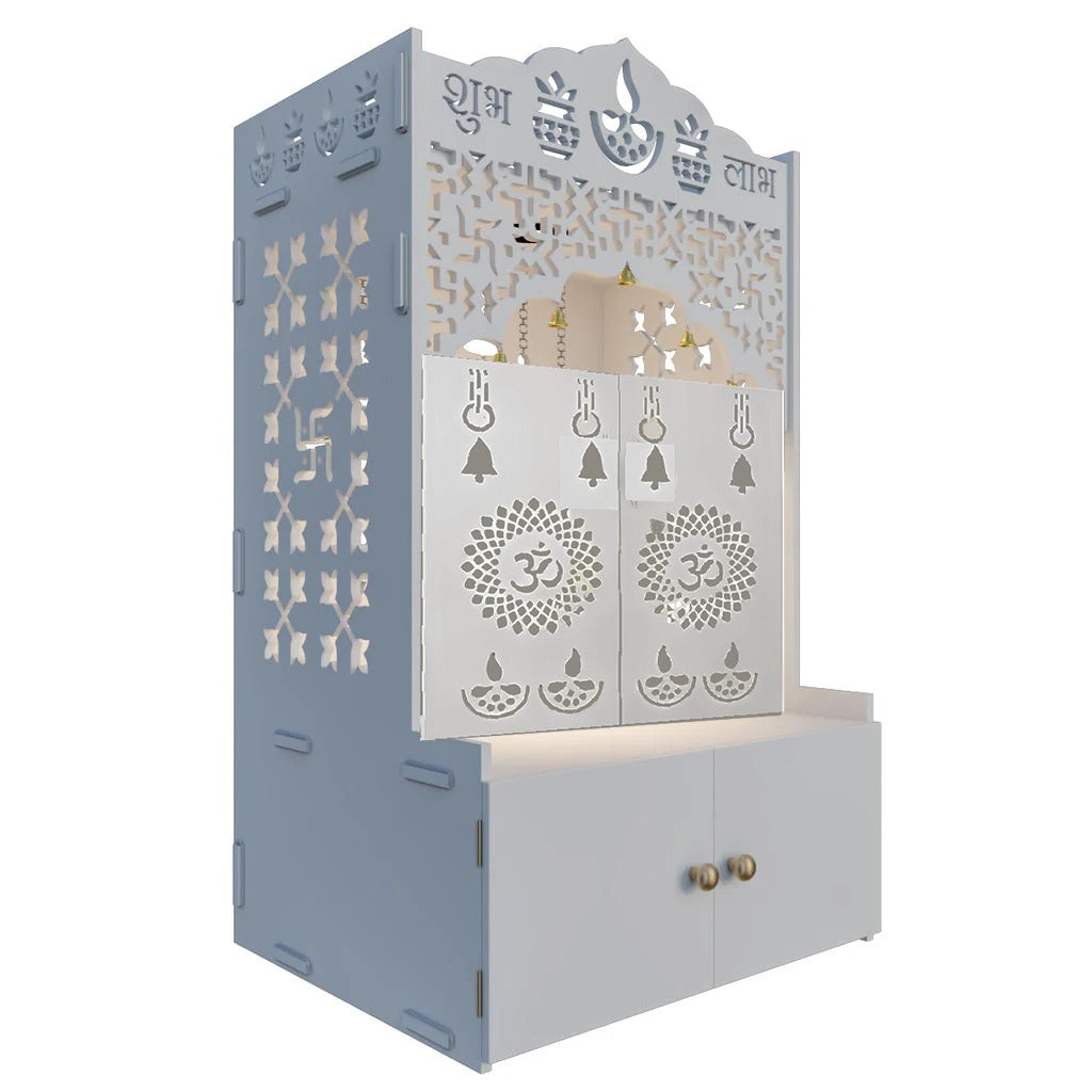 Modern White Wooden Floor Pooja Mandir with Doors Laser-Cut Om & Diya Design with Storage Cabinet
