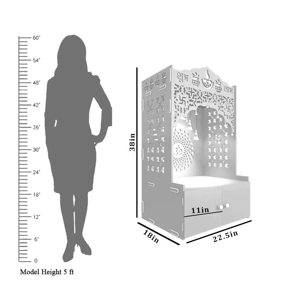 Modern White Wooden Floor Pooja Mandir with Doors Laser-Cut Om & Diya Design with Storage Cabinet