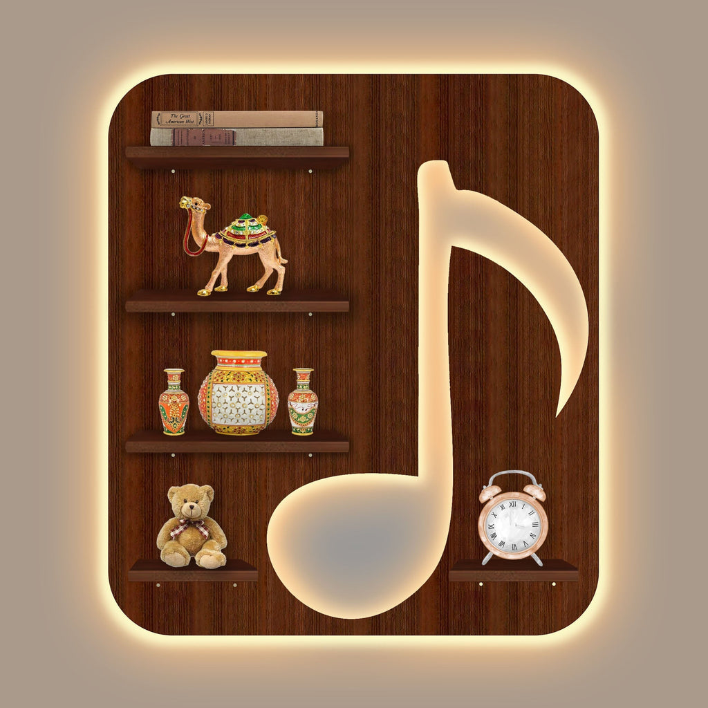 Music Note LED Wooden Wall Shelf | Walnut Finish Décor - Decorsmart