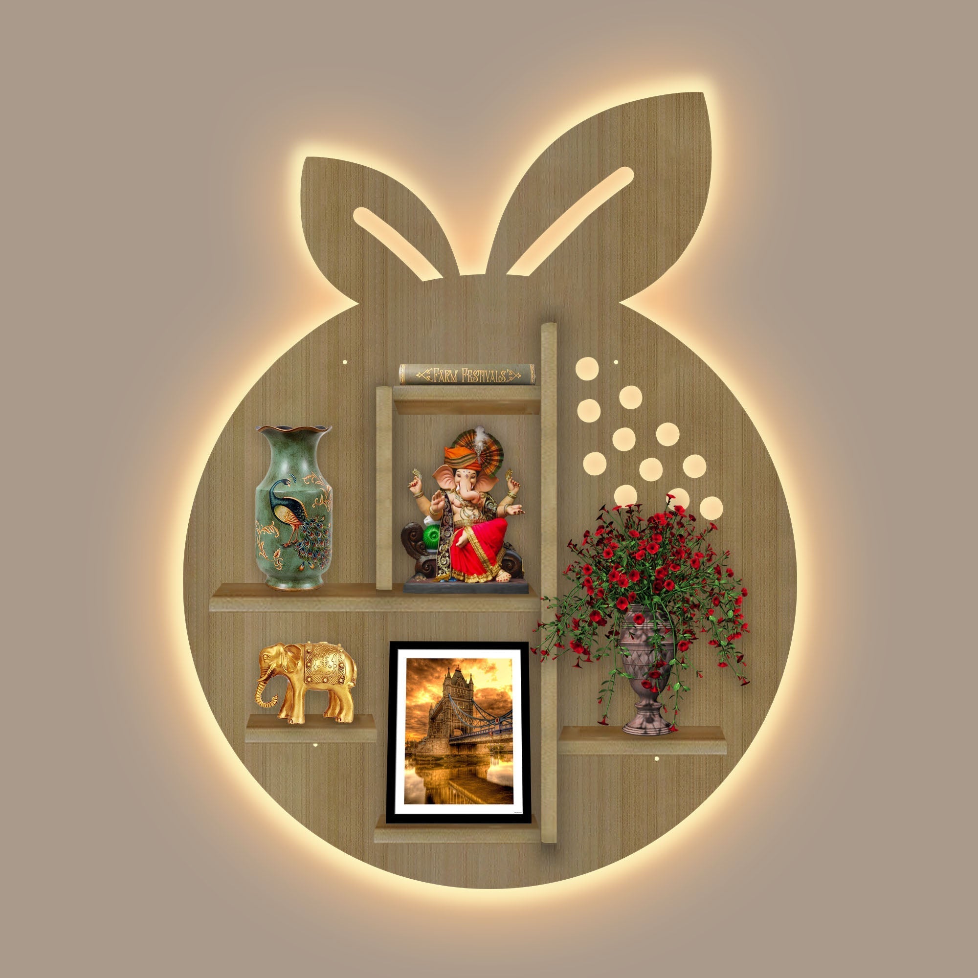 Orange Fruit Shape Wooden LED Wall Shelf for Kids | Oak Finish Décor - Decorsmart