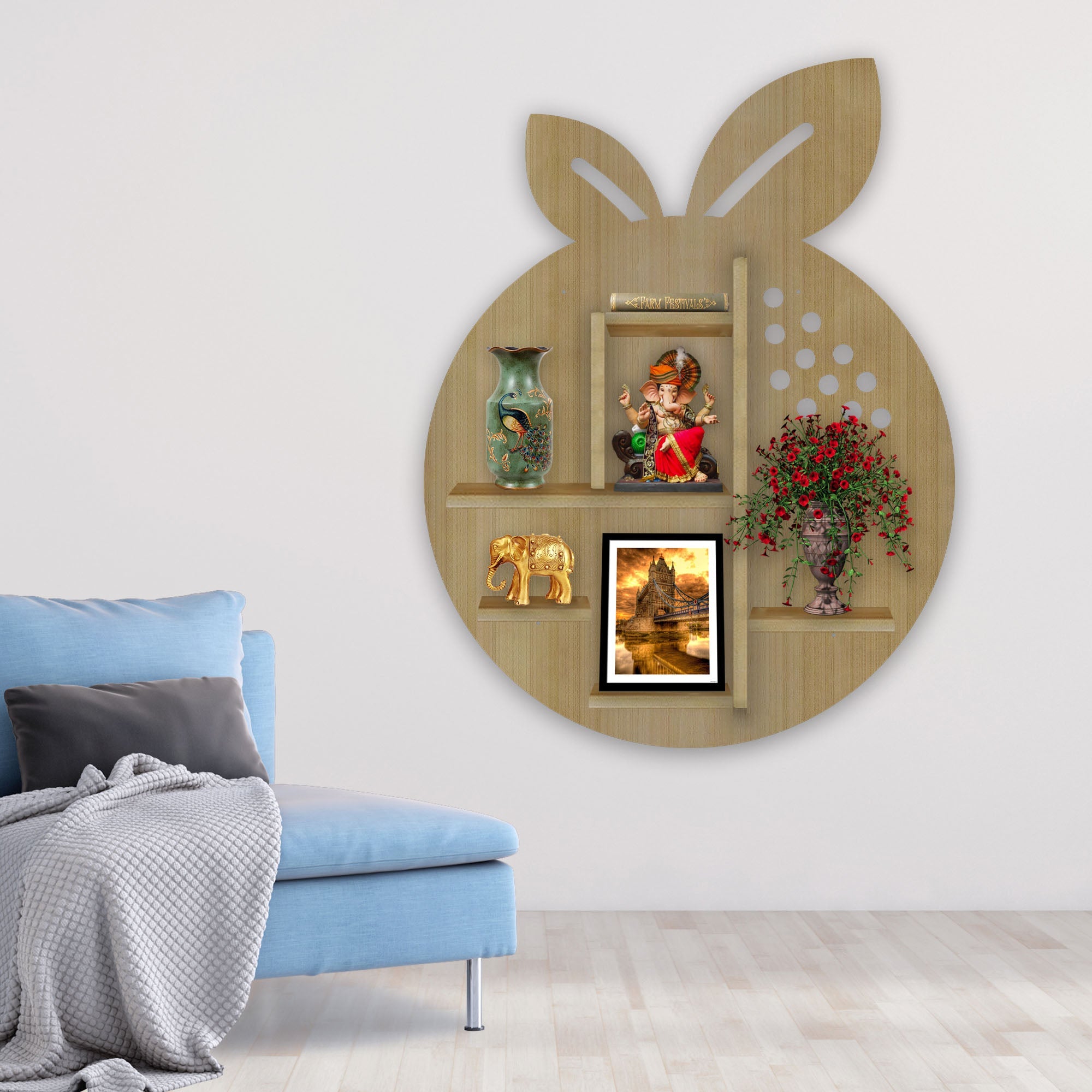 Orange Fruit Shape Wooden LED Wall Shelf for Kids | Oak Finish Décor - Decorsmart