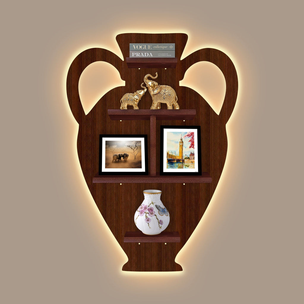 Pitcher Shape Wooden LED Light Wall Shelf with Walnut Finish