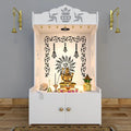 Premium White Wooden Floor Pooja Mandir with Laser-Cut Om Design & Storage Cabinet