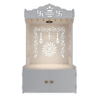 Premium White Wooden Floor Pooja Mandir with Laser-Cut Om Design & Storage Cabinet