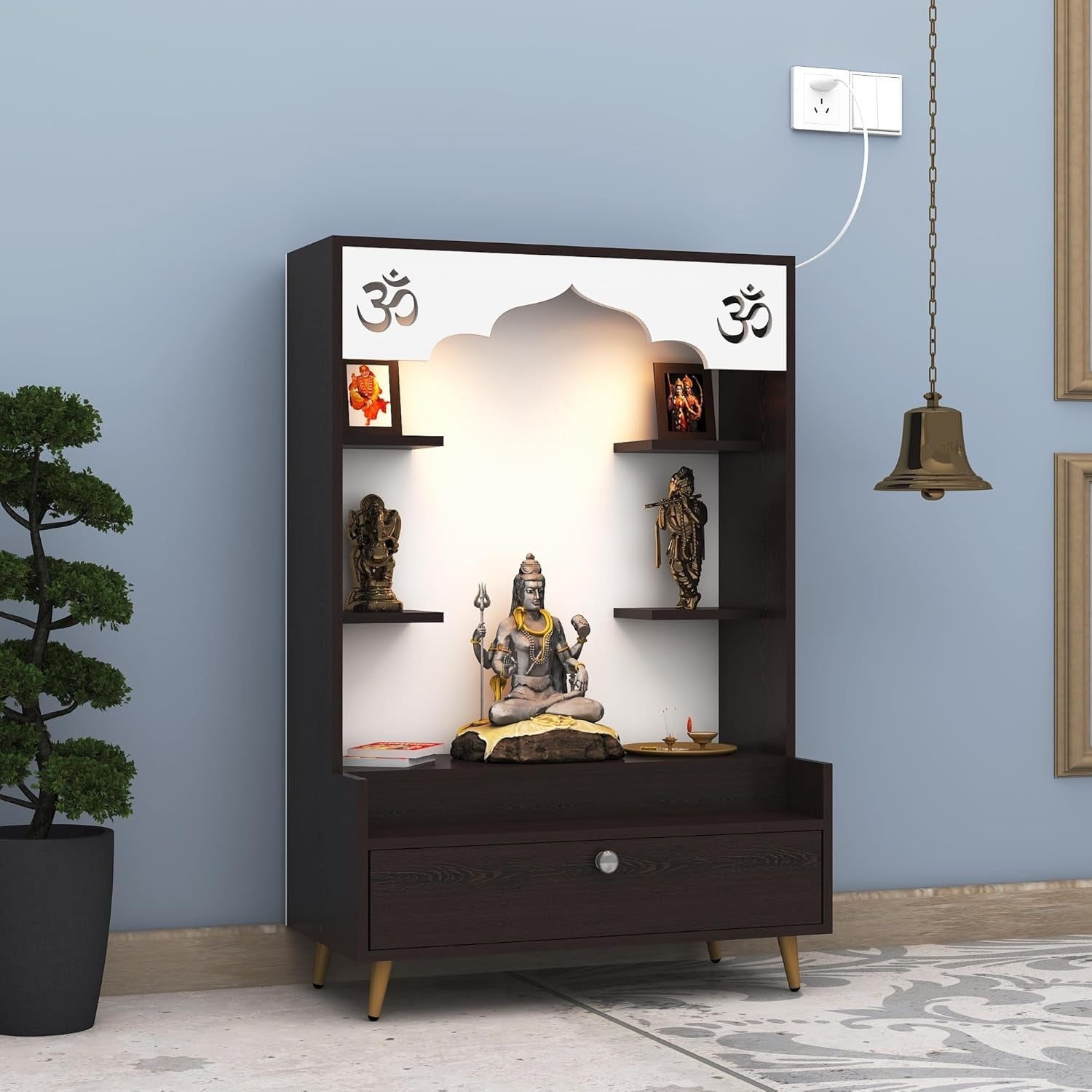 Modern Wooden Floor Pooja Mandir in Dark Finish with Open Shelves Om Engraving & Pull-Out Storage Drawer
