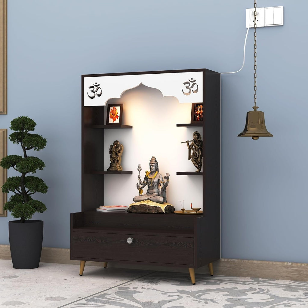 Modern Wooden Floor Pooja Mandir in Dark Finish with Open Shelves Om Engraving & Pull-Out Storage Drawer