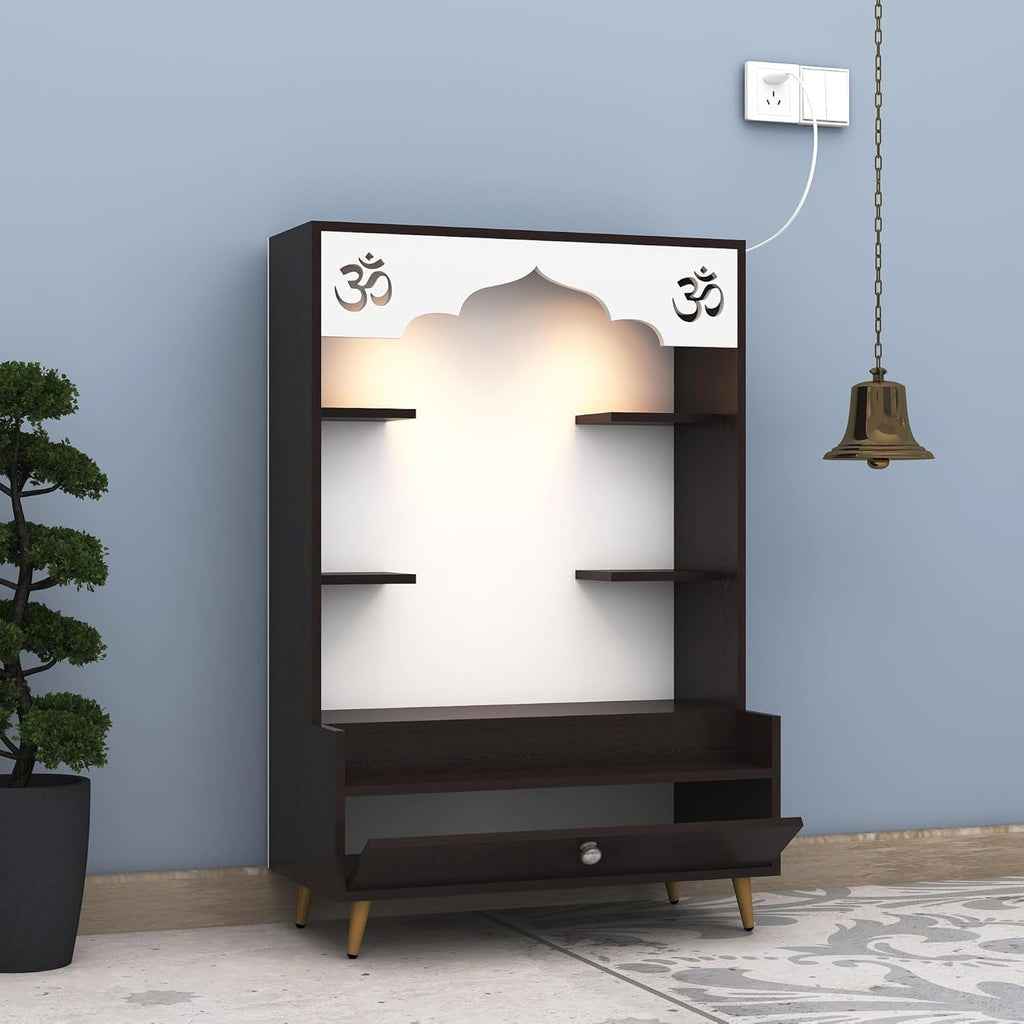 Modern Wooden Floor Pooja Mandir in Dark Finish with Open Shelves Om Engraving & Pull-Out Storage Drawer