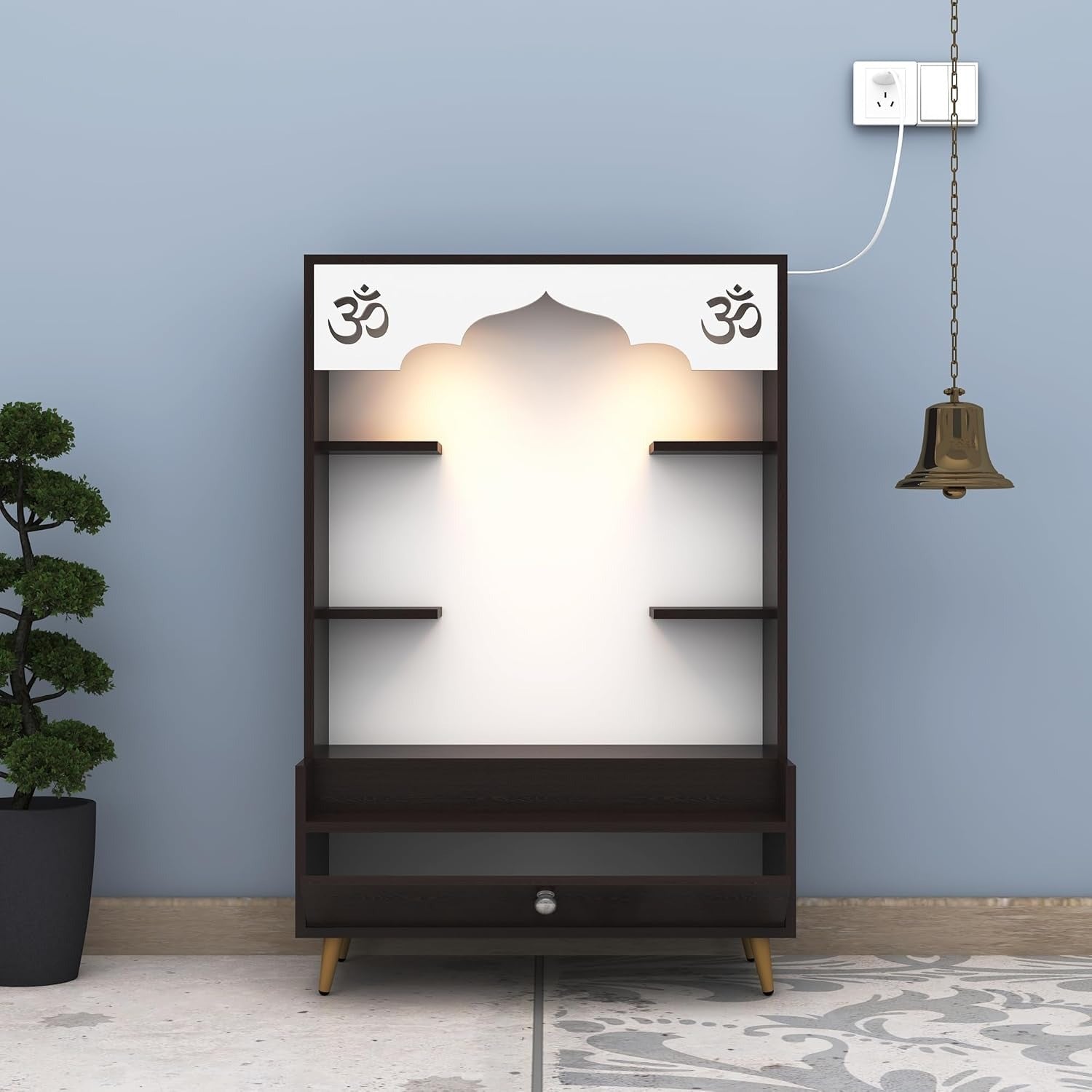 Modern Wooden Floor Pooja Mandir in Dark Finish with Open Shelves Om Engraving & Pull-Out Storage Drawer